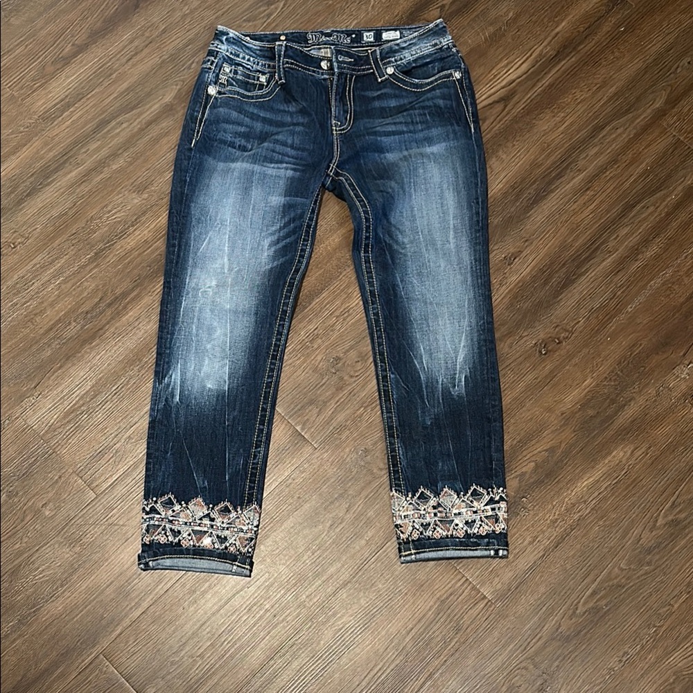 Miss Me Blue Cropped Jeans with Embellished Hem